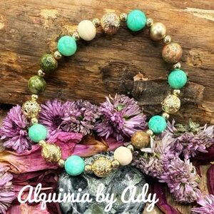 Green gemstones gold lava Beaded Bracelet